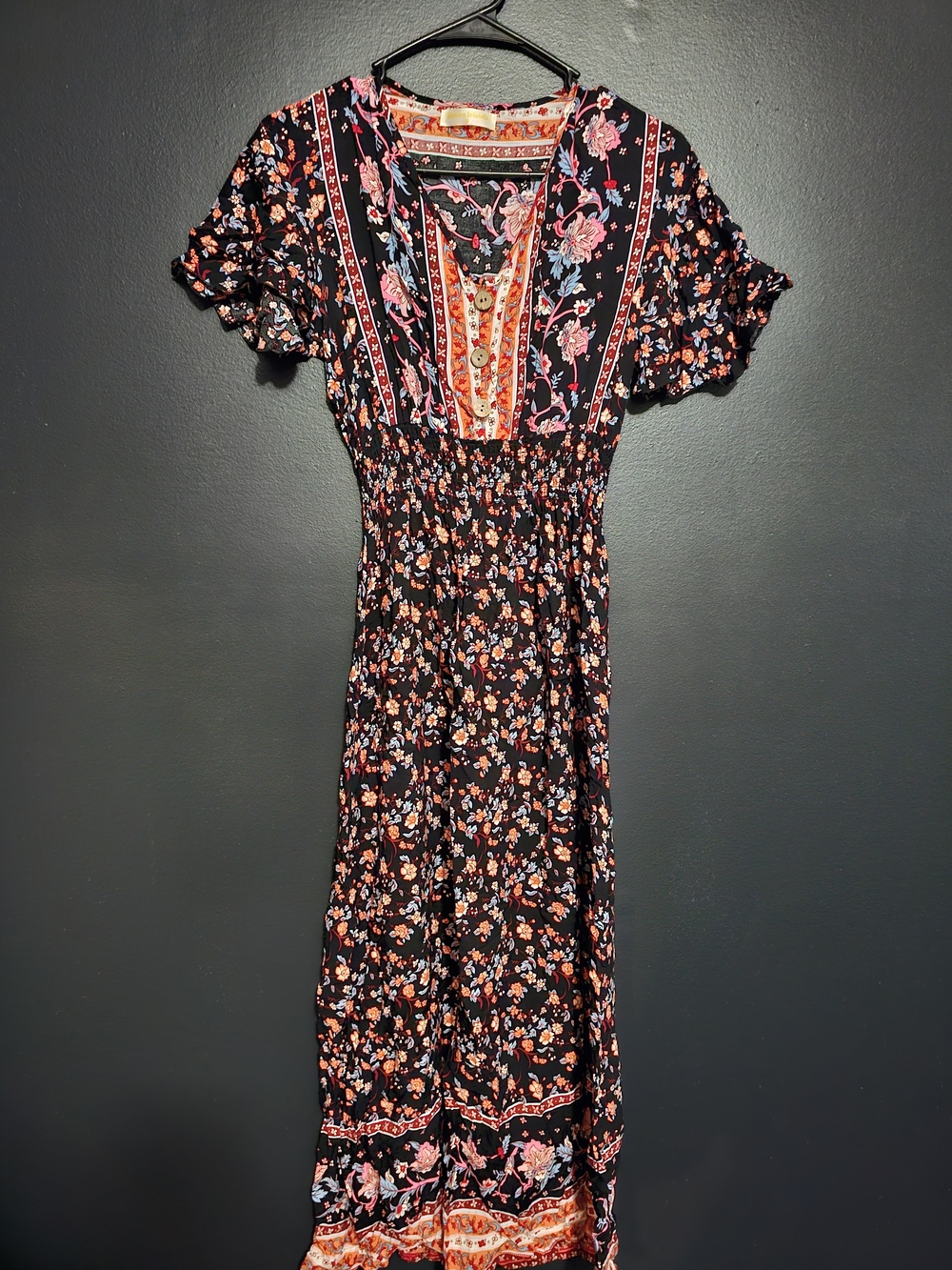 Boho Floral Maxi Dress in Black with Coral Accents